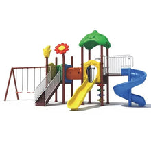 Outdoor kids playground set with yellow slide, blue slide, and swing frame