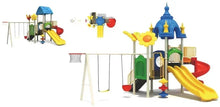 Colorful multi-activity playground playset with slides, swings, basketball hoop and tower