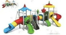 Kids outdoor playground set with colorful slides, climbing wall, and roofed platform