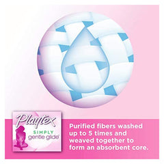 Playtex Simply Gentle Glide super tampons product graphic showing woven purified fibers and pink Playtex branding