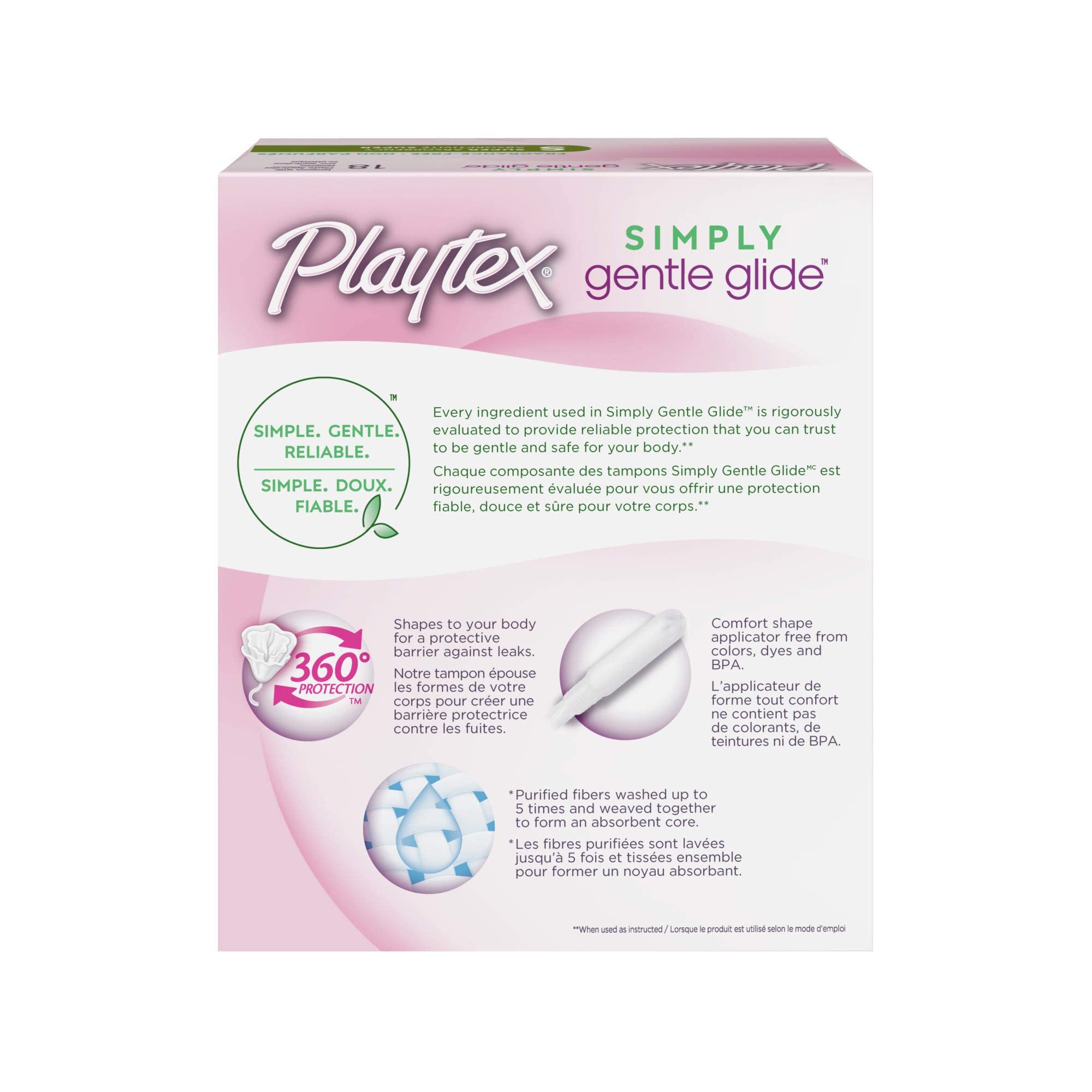 Pink retail box of Playtex Simply Gentle Glide super tampons. Packaging shows 360 degree protection and comfort shape