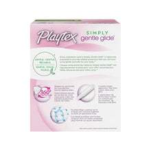 Tampon box back panel with Playtex Simply gentle glide details and 360 protection illustration
