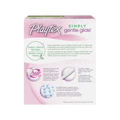 Pink retail box of Playtex Simply Gentle Glide super tampons. Packaging shows 360 degree protection and comfort shape