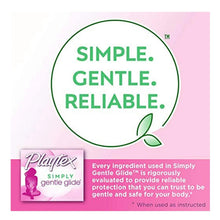 Tampon box panel with 'SIMPLE. GENTLE. RELIABLE.' seal and Playtex Simply gentle glide box