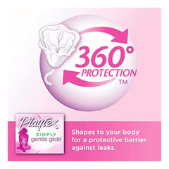 Playtex Simply Gentle Glide tampons UAE 360 protection graphic showing tampon shape and leak barrier on pink background
