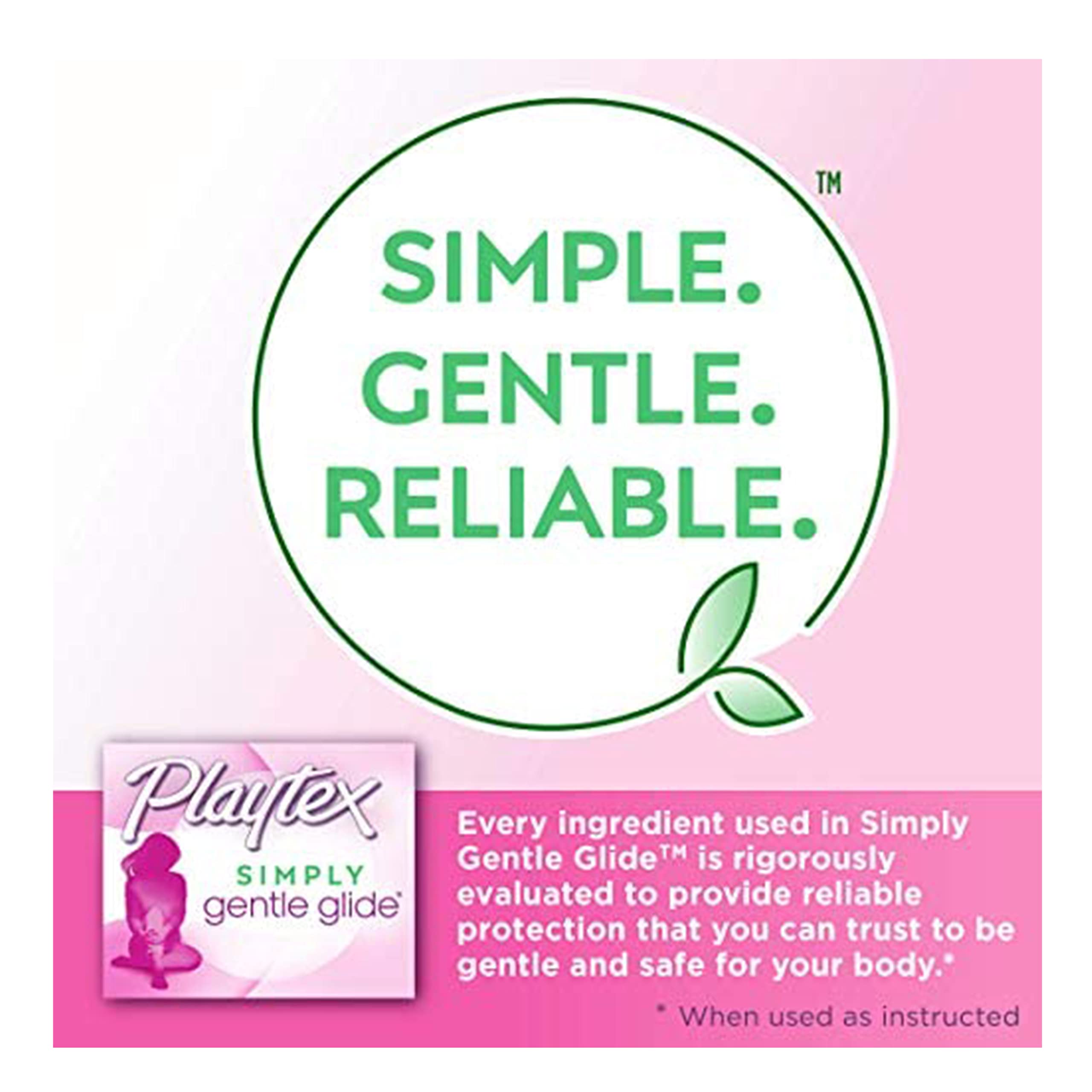Playtex Simply Gentle Glide tampons UAE pink box packaging with Simple Gentle Reliable slogan and product info