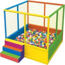 Kids giant ball pit with multicolor frame, white mesh panels, filled with colorful balls