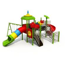 Outdoor playground playset with slides, tunnel, and swing frame, colorful panels