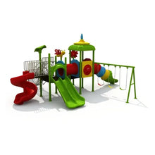 Outdoor playground playset with red slide, green ladder, small netted platform, swings