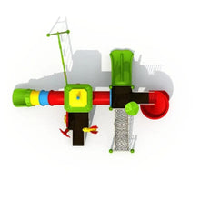 Outdoor playground playset close view of colorful slides, tunnels, and swing supports