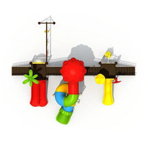 Kids outdoor playground set with multiple slides, tunnels, and colorful posts