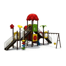Kids outdoor playground set with slides, climbing panels, and a swing