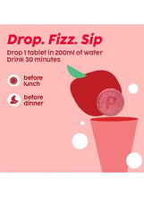 Apple Cider Vinegar effervescent tablet instruction graphic: drop, fizz, sip
