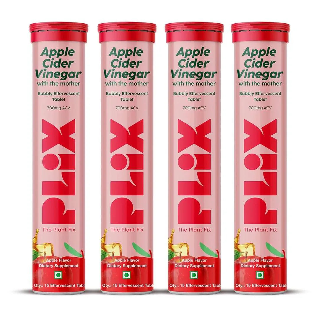 PLIX - THE PLANT FIX Apple Cider Vinegar 15 Effervescent Tablet, ACV with mother for weight loss and easy digestion, vitamin B6 & B12, Pack of 4 (Apple), 100% vegan, Easy to carry & consume - Mumzar