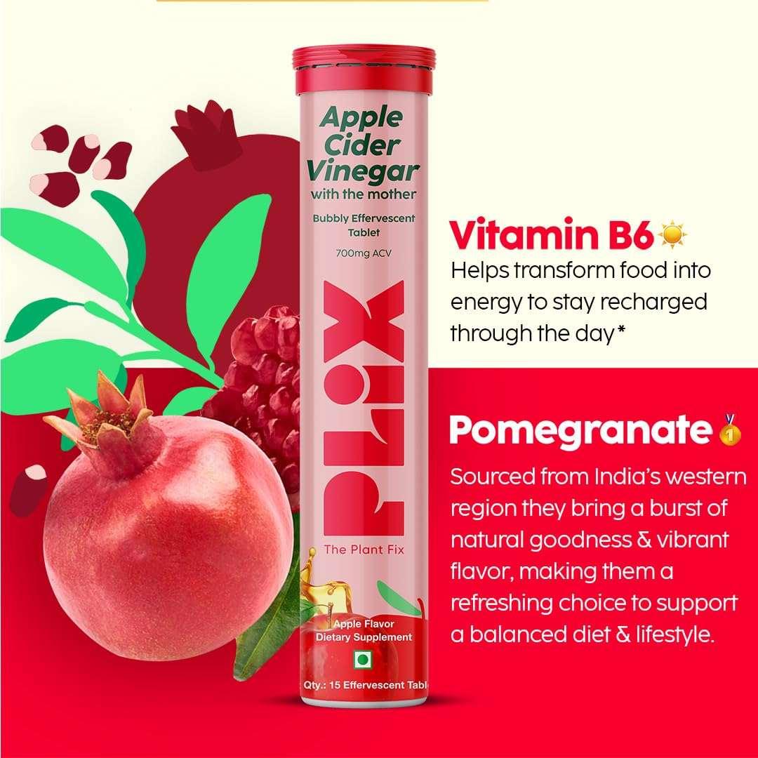 PLIX - THE PLANT FIX Apple Cider Vinegar 15 Effervescent Tablet, ACV with mother for weight loss and easy digestion, vitamin B6 & B12, Pack of 4 (Apple), 100% vegan, Easy to carry & consume - Mumzar