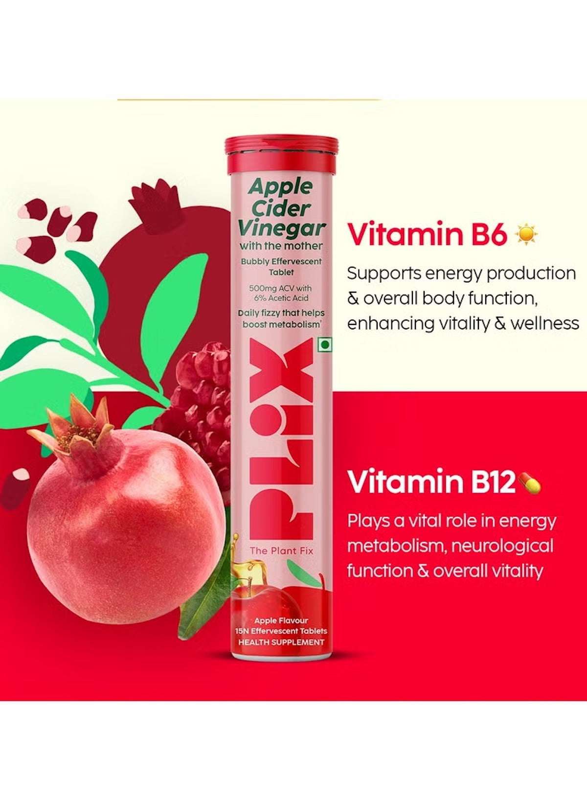 PLIX Apple Cider Vinegar Effervescent Tablets in a tube, promoting energy and wellness with vitamin B6 and B12