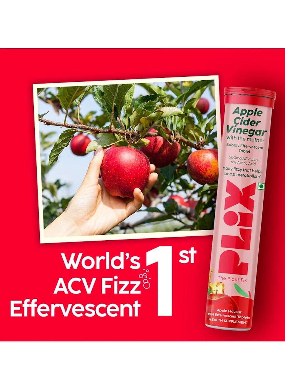 PLIX apple cider vinegar effervescent tablets with a hand picking apples in the background