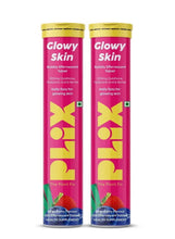Glowy Skin effervescent tablet tube with gold cap and strawberry-flavor pink label