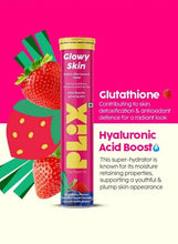 Glowy Skin effervescent tablet tube with strawberry cutout and vitamin benefit callouts