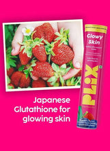 Glowy Skin effervescent tablet tube beside strawberry image on a promotional card