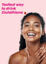 Smiling woman with skincare promo text for glutathione drink