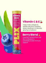 Glowy Skin effervescent tablet tube with berry illustrations on a vitamin C & E card