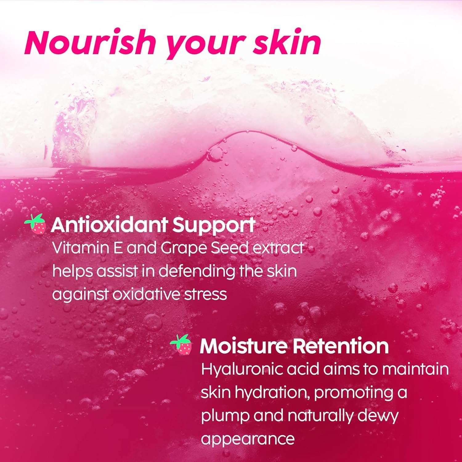 Pink promotional image with Nourish your skin heading and benefits Vitamin E and glutathione tablets for glowing skin