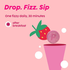 PLIX strawberry effervescent tablet dropping into pink glass with strawberry icon and glutathione tablets for glowing skin