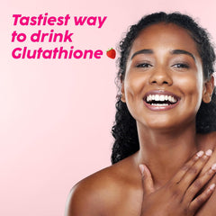 Smiling woman with clear skin against pink background promoting glutathione tablets for glowing skin