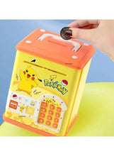 Yellow coin bank with orange lid and Pokémon graphics; hand holds fingerprint button.
