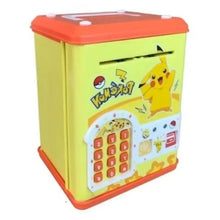 Yellow coin bank with orange lid, Pokémon-themed control panel and slot opening.