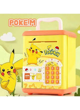 Yellow Pokémon coin bank with orange lid, keypad-style number panel on front.