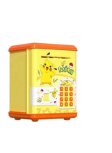 Yellow coin bank with Pokémon graphics on front, orange base and lid.