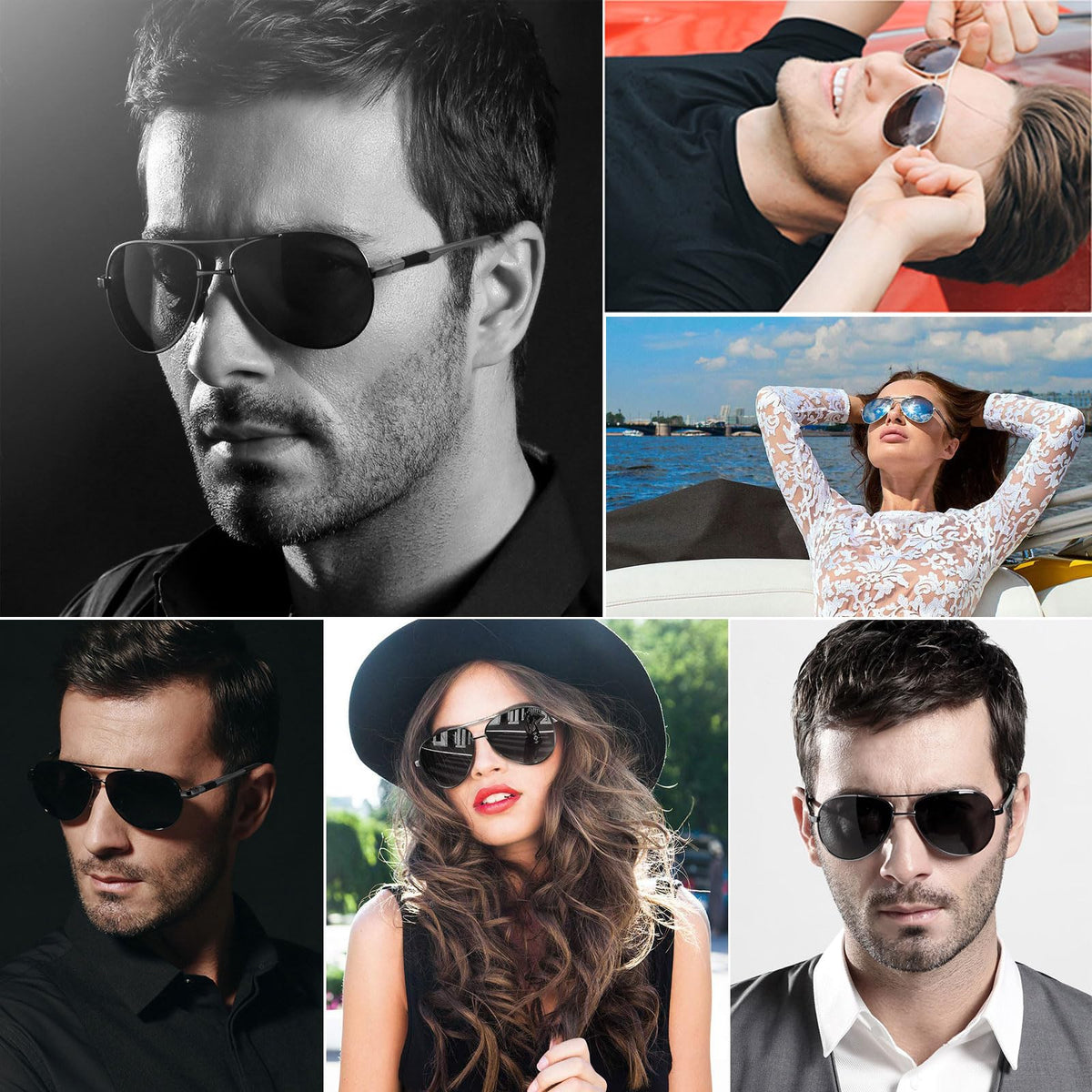 Collage of men and women wearing stylish polarized sunglasses for men and women in various outdoor settings