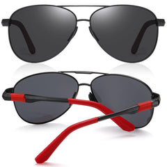 LEDINGBEST polarized sunglasses for men and women with black lenses and red and black frames
