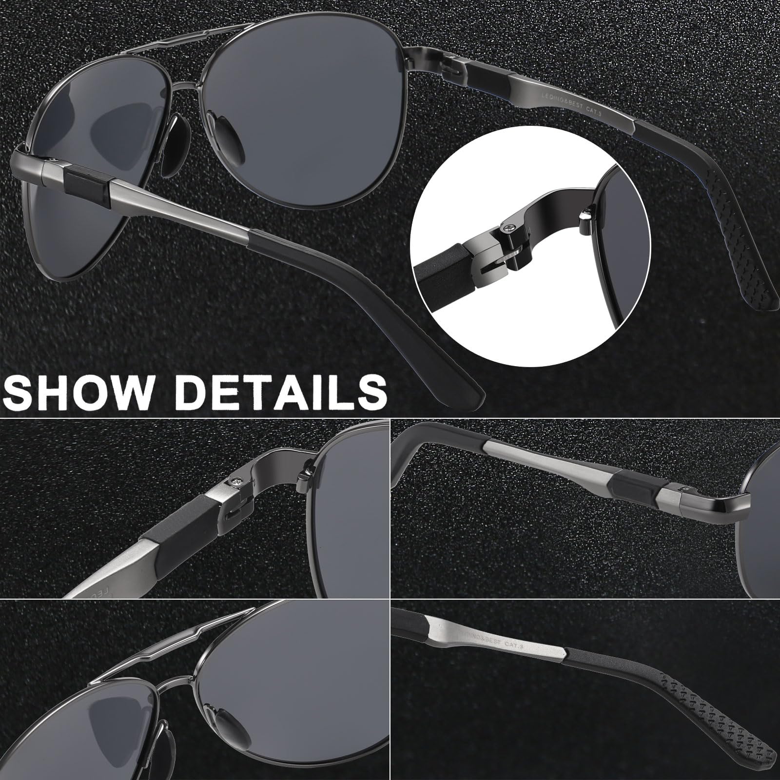 Black LEDING&BEST polarized sunglasses for men and women with detailed close-ups of frame and hinges