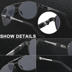 Black LEDING&BEST polarized sunglasses for men and women with detailed close-ups of frame and hinges