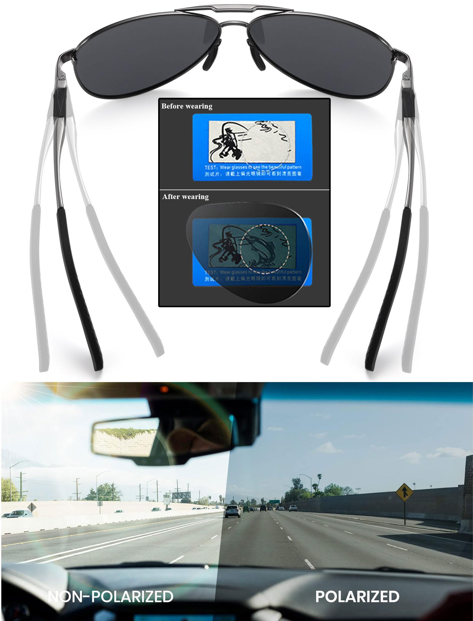 LEDING&BEST polarized sunglasses for men and women showing lens clarity comparison and driving view difference
