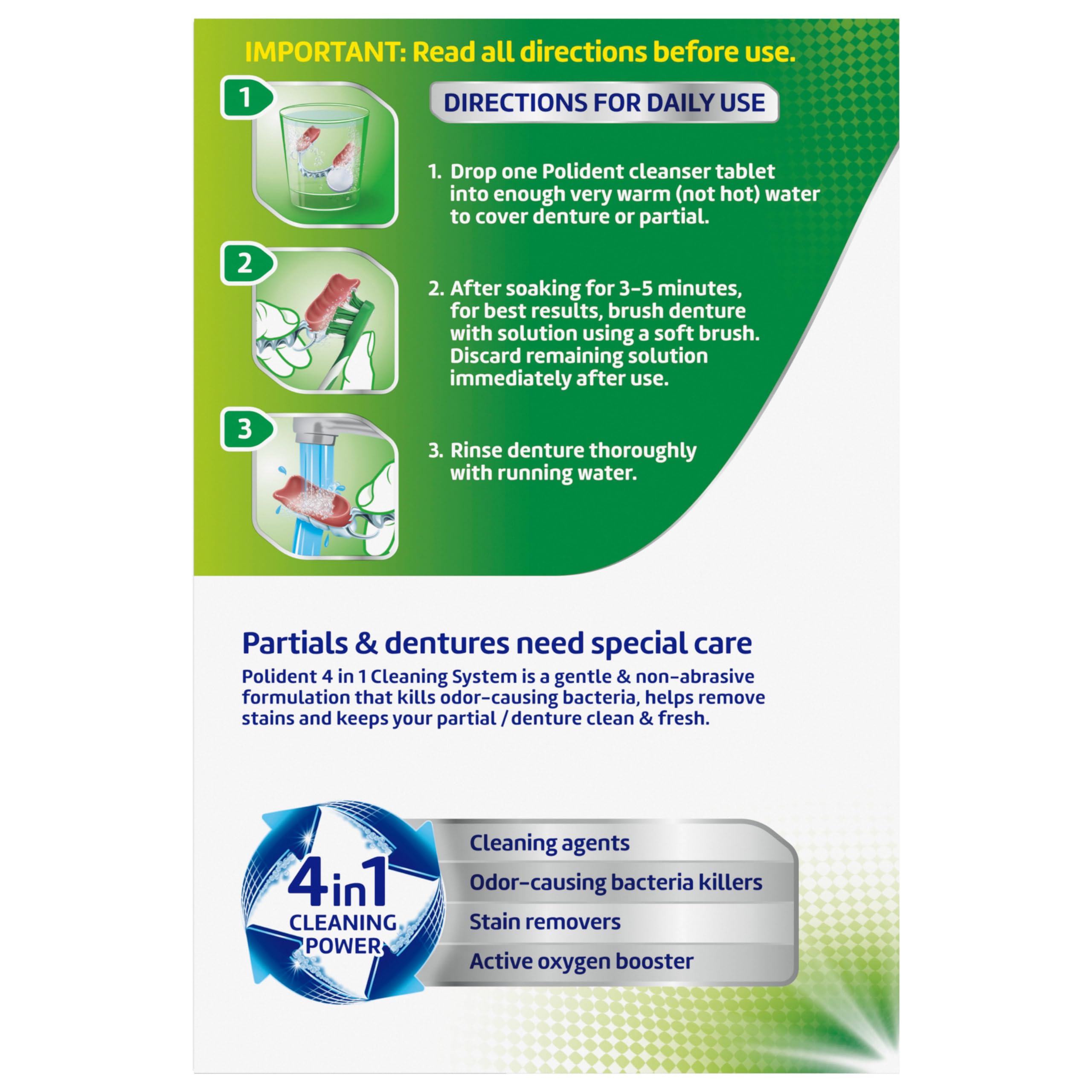 Polident 3 minute denture cleanser tablets packaging panel showing directions and 4 in 1 cleaning power for partials and dentures