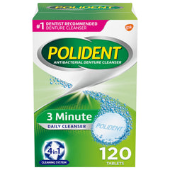 Box of Polident 3 minute denture cleanser tablets. Green antibacterial 3 Minute daily cleanser 120 tablets