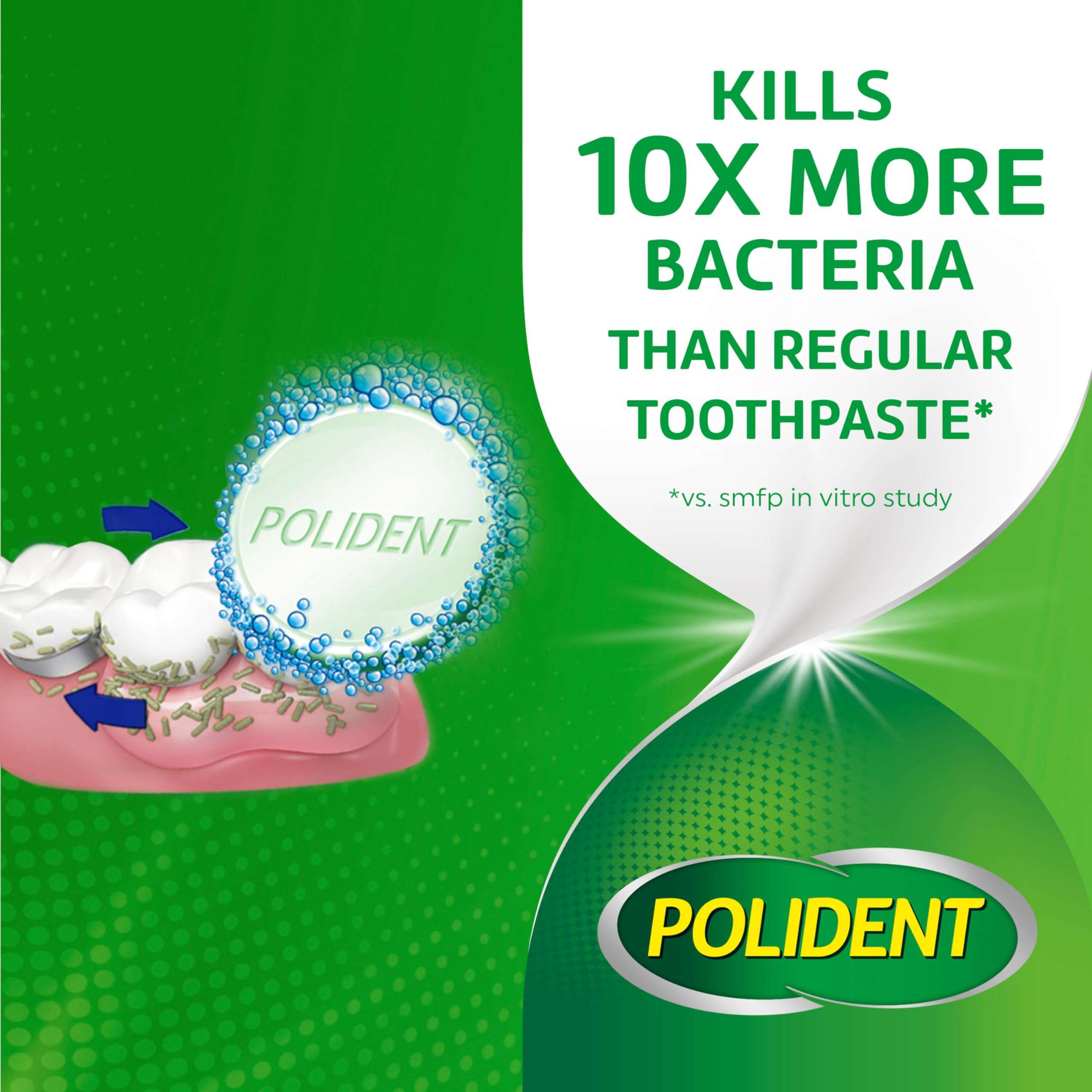 Polident 3 minute denture cleanser tablets package with fizzy tablet cleaning dentures and kills 10x more bacteria