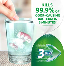 Denture cleanser tablets promotional graphic with glass and '99.9% odor bacteria in 3 minutes' callout