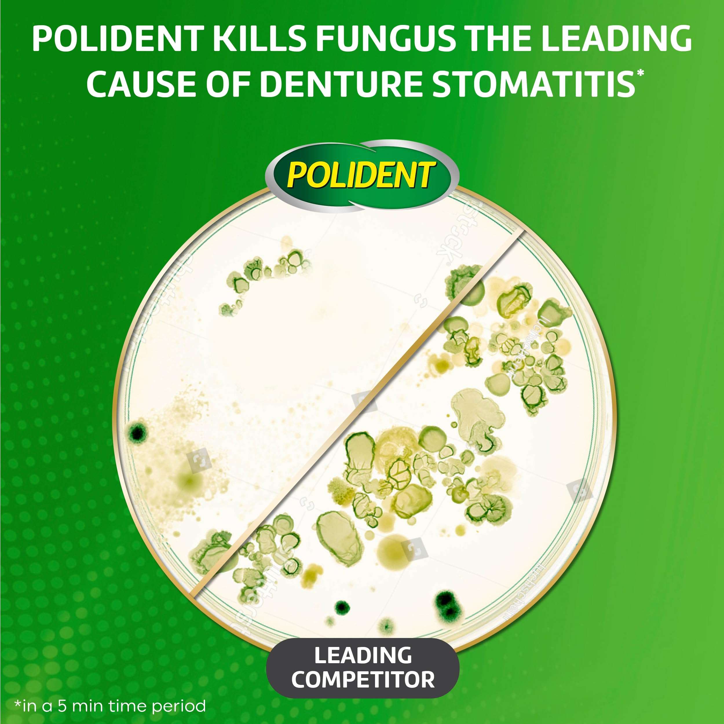 Polident 3 minute denture cleanser tablets ad showing split petri dish with fewer fungus on Polident side than competitor