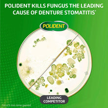 Denture cleanser tablets promotional graphic with bacteria illustration and Polident logo