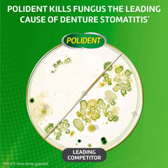 Polident 3 minute denture cleanser tablets ad showing split petri dish with fewer fungus on Polident side than competitor