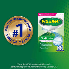 Polident 3 minute denture cleanser tablets box with dentist recommended seal and 3 minute daily cleaning claim