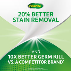 Polident 3 minute denture cleanser tablets promotional image with Polident logo and 20 percent better stain removal claim