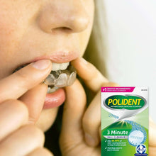 Polident 3 Minute denture cleanser tablets box with green 4-in-1 label