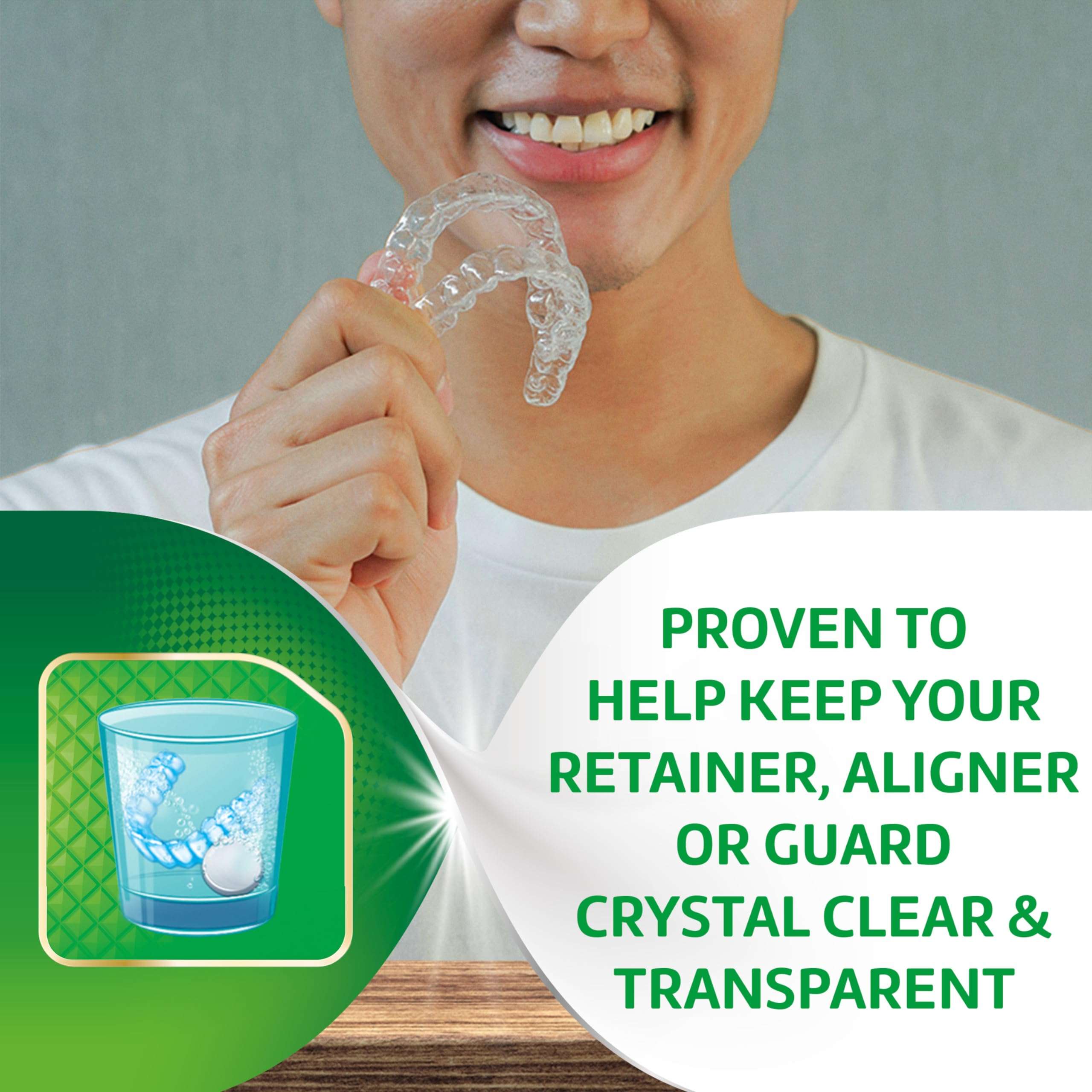 Person holding clear retainer by mouth with cup and tablet graphic and product text Polident 3 minute denture cleanser tablets