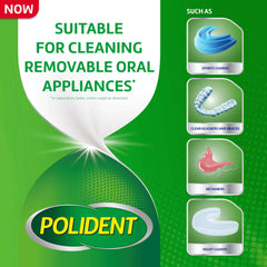 Polident 3 minute denture cleanser tablets box showing POLIDENT logo and icons for sports guards retainers and aligners